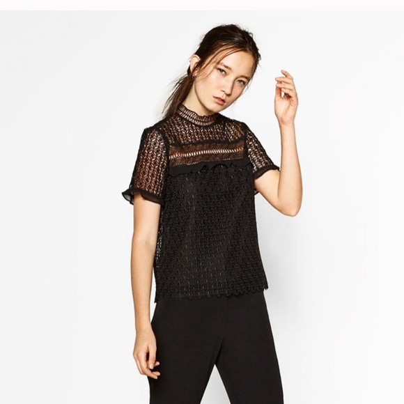 Zara Tops - Zara Guipure Black Lace Eyelet Crochet Mock Neck